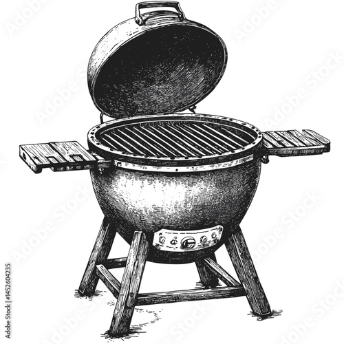 Vintage Ceramic Grill, Opened Grill Illustration, Black Sketch, Woodcut Style, Old Engraving Look, Barbecue Vector, Hand Drawn Grill Art, Retro Outdoor Cooking, Rustic BBQ Grill, Classic Style,