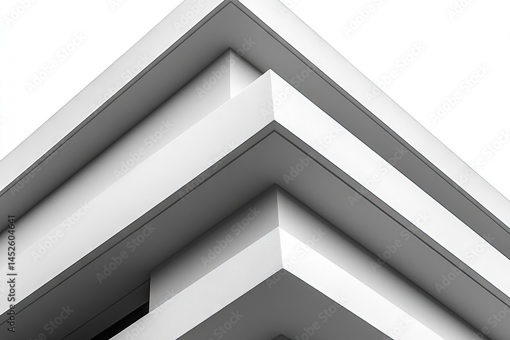 Fototapeta premium Geometric abstraction. White architectural facade corner, sharp angles, and minimalist design against white background
