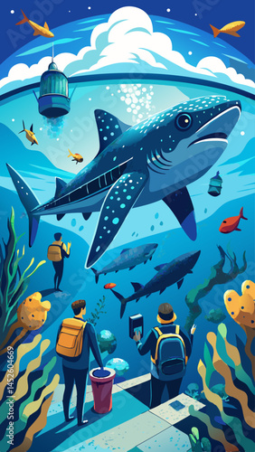 A group of people are taking pictures of a large blue whale in a tank. The scene is lively and colorful, with people of all ages gathered around the tank. Scene is joyful and educational