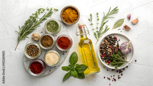 Fototapeta Naklejka Na Ścianę i Meble -  Spices, herbs and olive oil over white stone table