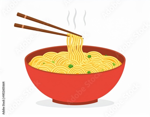 Hot Steaming Noodles In Red Bowl With Chopsticks