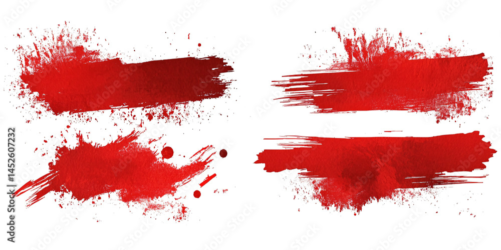Set of four different red ink or paint strokes on transparent background. grunge style. abstract strokes, marks, spots and splashes. design element. chaotic strokes Set of four different red ink or paint strokes on transparent background. grunge style. abstract strokes, marks, spots and splashes. design element. chaotic strokes