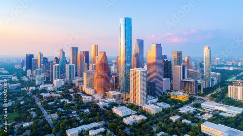 Aerial View of Houston Skyline at Sunset with Vibrant Colors