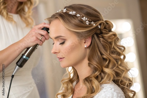 A beautiful bride has her hair styled into a gorgeous updo by a professional stylist, ready to wed.