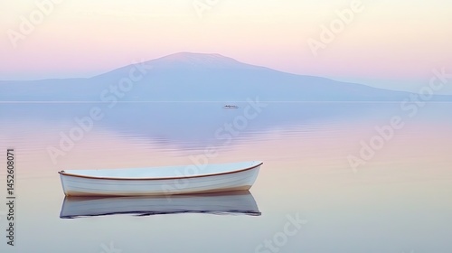 Serene water reflects the pastel sky, with a small boat at the forefront and mountain afar