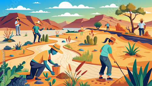 A group of people are working in a field, with some of them wearing hats. The scene is set in a desert, with mountains in the background