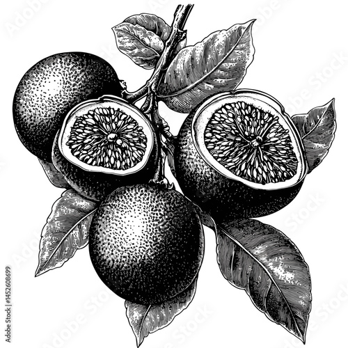 Vintage wood block print style vector illustration, passion fruits, black sketch, old engraving style, exotic fruit art, botanical hand drawn, antique tropical fruit design, rustic line art,