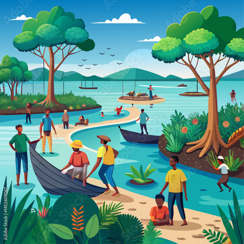 A group of people are gathered by a river, some of them are in boats. The scene is lively and full of energy, with people enjoying the water and each other's company