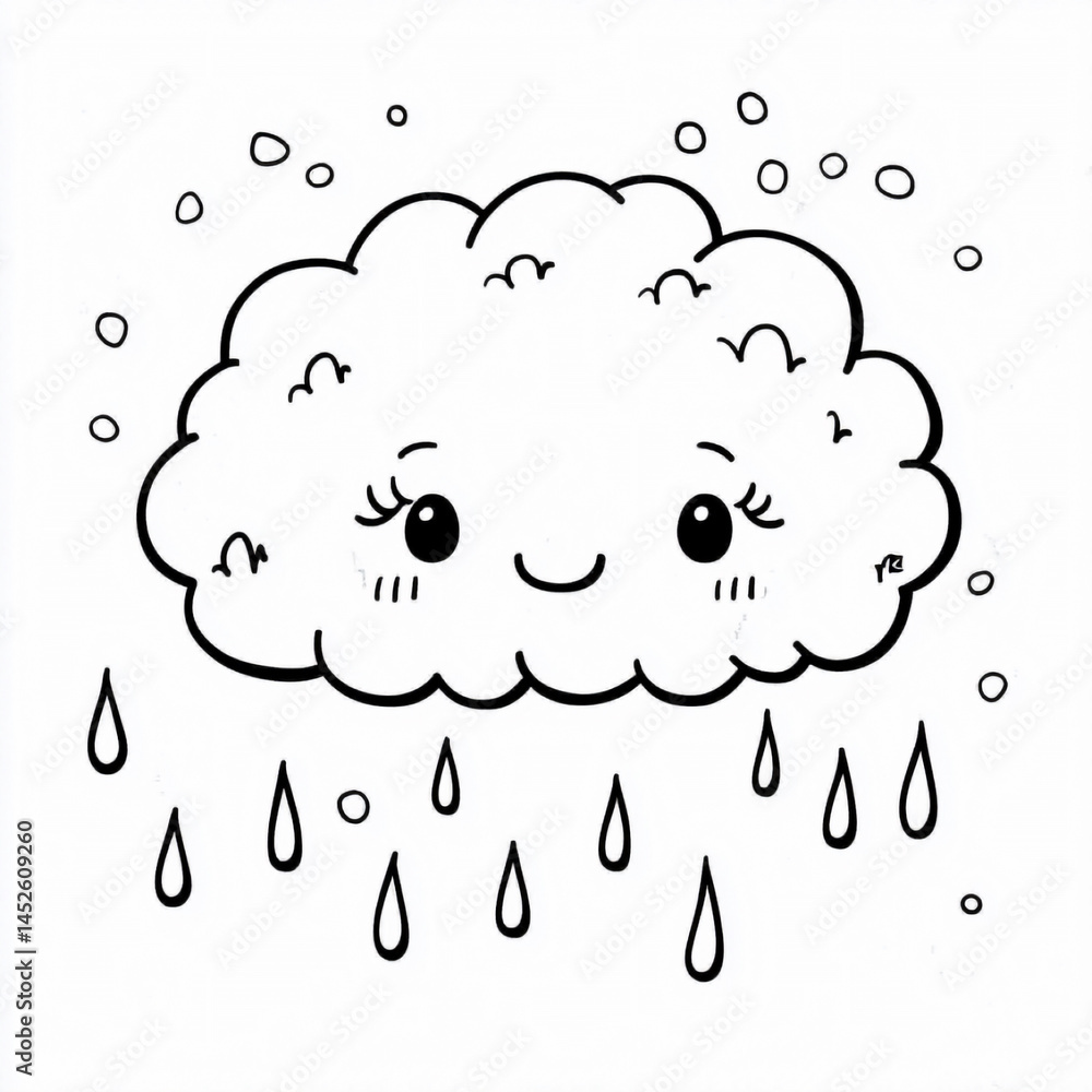 Cute Cloud Rains Drops and Snows, Cartoon Weather Illustration, Black and White Cute Cloud Rains Drops and Snows, Cartoon Weather Illustration, Black and White