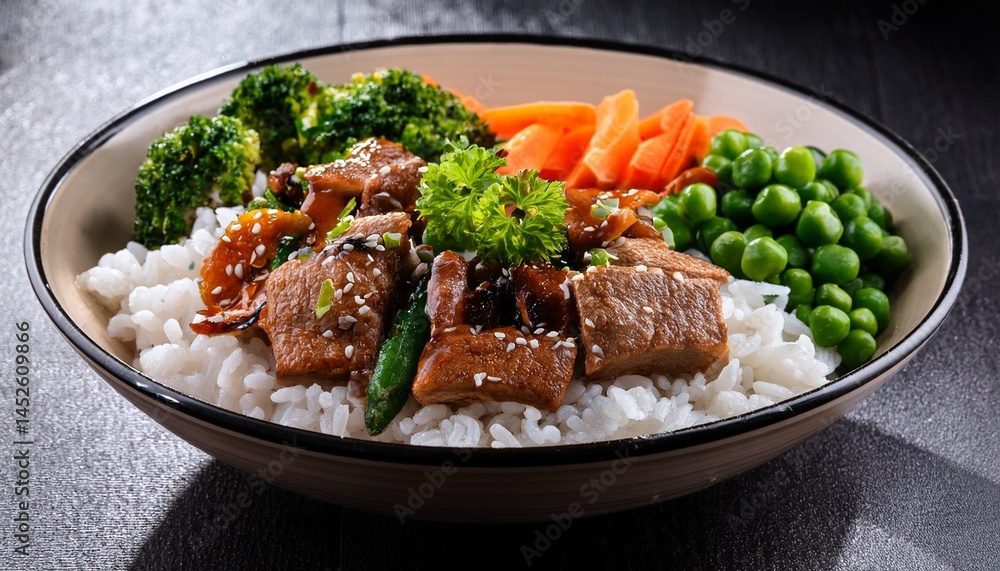 a bowl of food with meat rice and vegetables a bowl of food with meat rice and vegetables