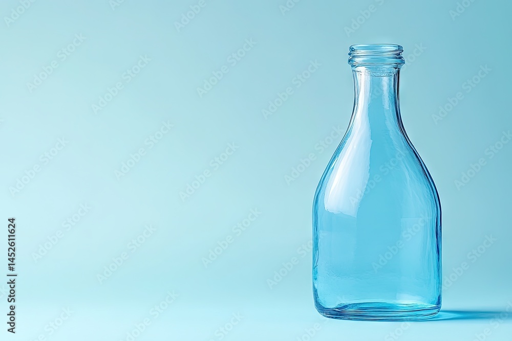 A transparent bottle shines, against a light blue background A transparent bottle shines, against a light blue background