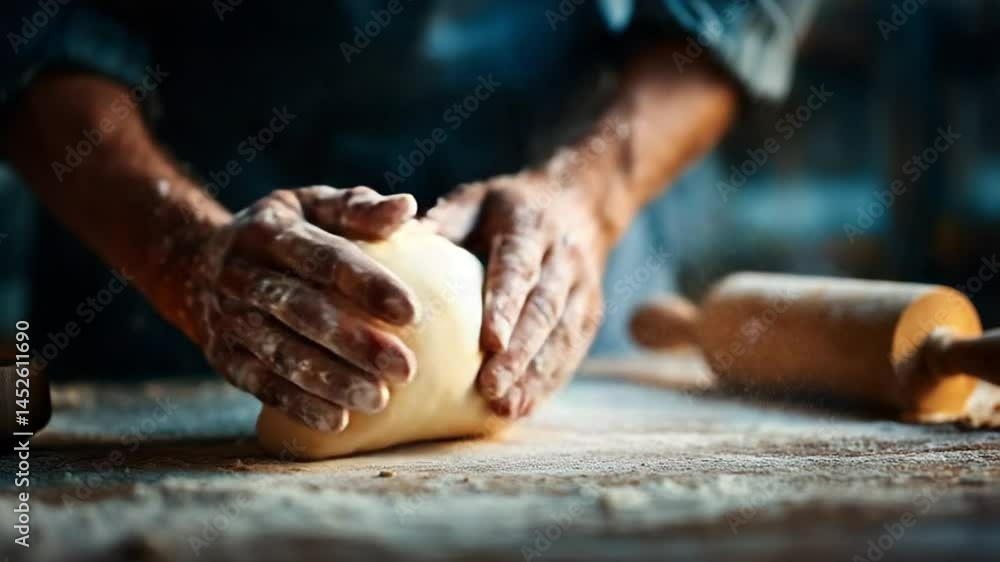 Hands kneading dough on a wooden surface with flour, rolling pin in background, bakery scene Hands kneading dough on a wooden surface with flour, rolling pin in background, bakery scene