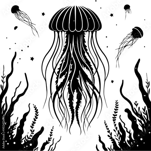 A black and white silhouette of a jellyfish in the underwater world on a white isolated background. Vector graphics. EPS.