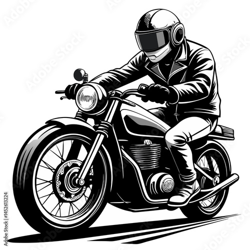 Dynamic Black and White Vector Illustration of a Rider on a Classic Motorcycle in Motion
