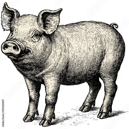 Wallpaper Mural Vintage pig, block print style, black sketch, grunge texture, old engraving, black and white, vector farm animal, rustic pig art, antique style, traditional livestock etching Torontodigital.ca