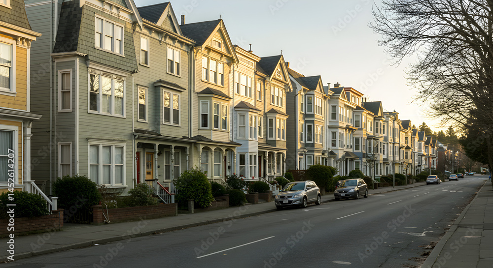 Naklejka premium Victorian Architecture, Row Houses, City Street, Urban Homes, Residential Buildings, Real Estate Photography