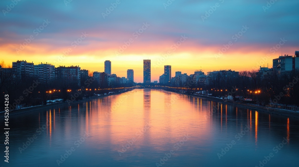 Serene Sunset Over City Skyline Reflected in Tranquil River Water Serene Sunset Over City Skyline Reflected in Tranquil River Water