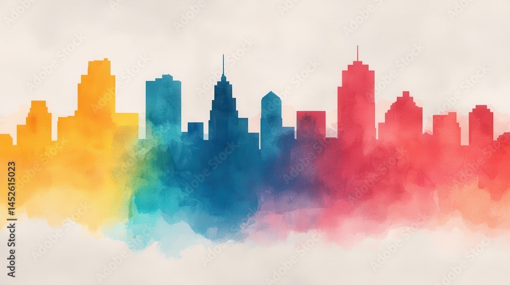 Fototapeta premium Vibrant Watercolor City Skyline with Gradient Colors