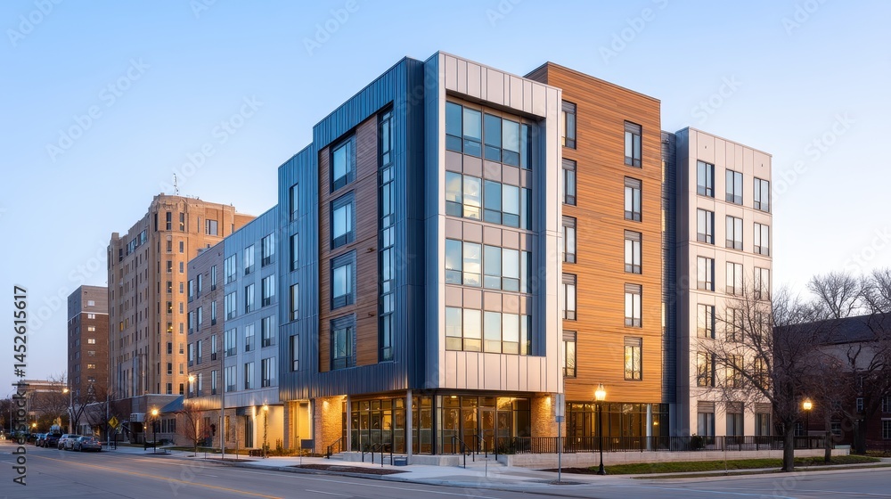 Modern multi-story building with large windows and wooden accents at dusk in an urban setting Modern multi-story building with large windows and wooden accents at dusk in an urban setting
