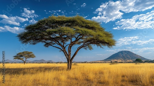 Vast African savanna landscape under a vibrant blue sky.  