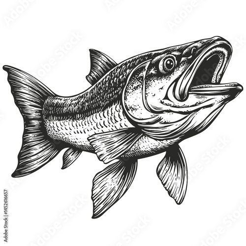 Pike fish, vintage woodcut, black sketch style, classic illustration, retro line art, detailed engraving, old style vector, antique fish artwork, traditional animal engraving,