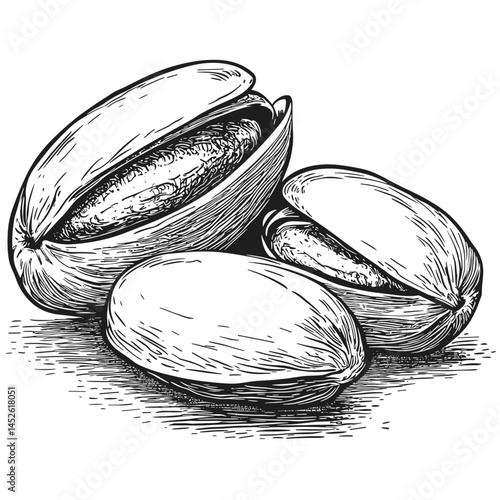 Pistachio vector illustration in vintage woodcut style, black ink sketch, antique nut engraving, retro food etching, rustic natural art, organic snack drawing, botanical nut,