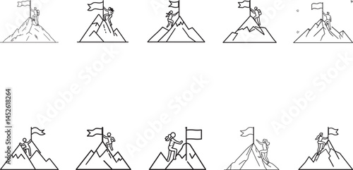 Collection of minimalist line art depicting symbolic climbers achieving mountain peaks and planting flags. A representation of success, ambition, and achievement through simplified artworks.

