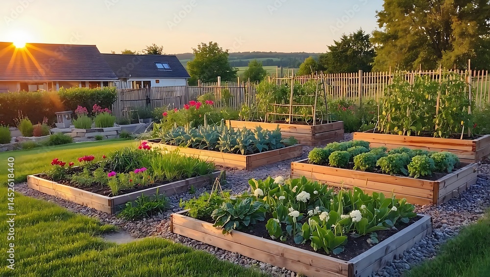 Obraz premium Sunset over a Lush Home Garden