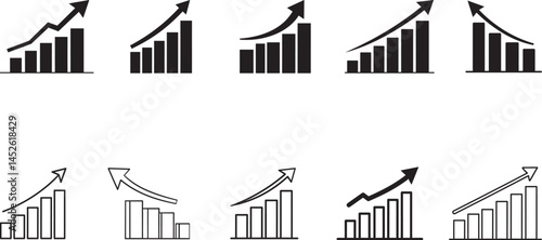 A set of black and white bar chart icons illustrating growth, statistics, and upward trends, useful for business, financial presentations, and data visualizations.

