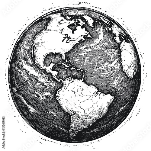 Vintage woodcut engraving style, Planet Earth vector illustration, old sketch, antique map style, hand-drawn globe, retro Earth art, monochrome etching, cartography design, global decor,