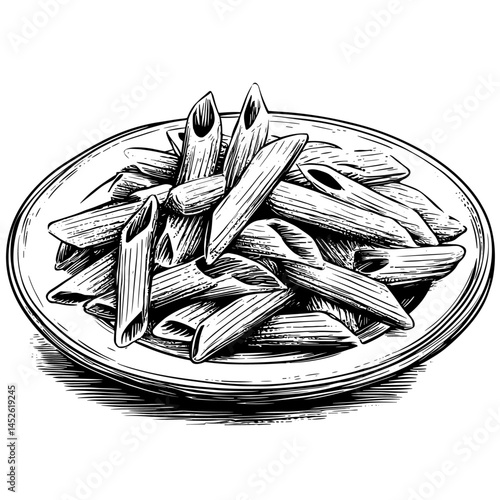 Vintage Plate of Penne Pasta, woodcut engraving style, black sketch, rustic food illustration, hand drawn pasta dish, Italian cuisine, antique culinary artwork, pasta vector, retro kitchen