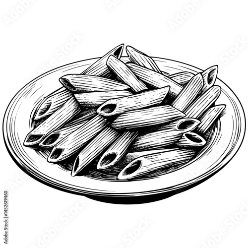 Black sketch of Penne Pasta on plate, old engraving style, vintage Italian meal, hand drawn food art, traditional cuisine vector, rustic dinner sketch, culinary woodcut, classic pasta drawing