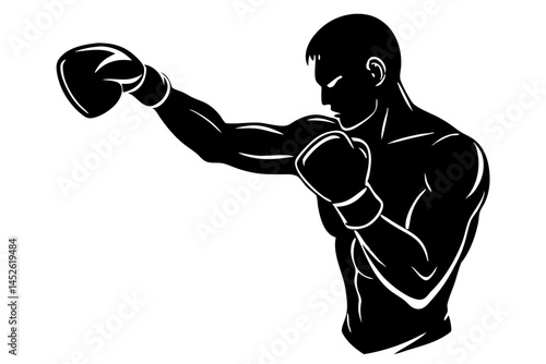 Side profile silhouette of boxer with glove ready to punch, boxer, boxing, silhouette, fighter, athlete, sport, fitness, gym, training, profile, side profile, glove, punching, black and white, vector