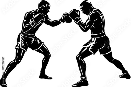 Silhouette of two boxers in active sparring stance representing boxing match, boxer, boxing, combat, fighter, fighting, match, silhouette, silhouette design, vector, sparring, active, sport, artwork
