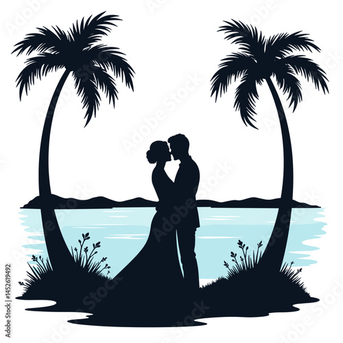 Couple embracing on beach at sunset, wedding invitation design, silhouette style