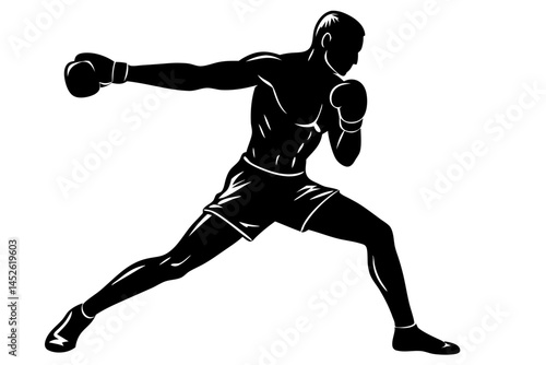 Boxer silhouette in action side profile of fighter lunging forward on white, boxer, boxing, fighter, lunging, stance, side profile, silhouette, vector, design, athlete, sportsman, sport, combat