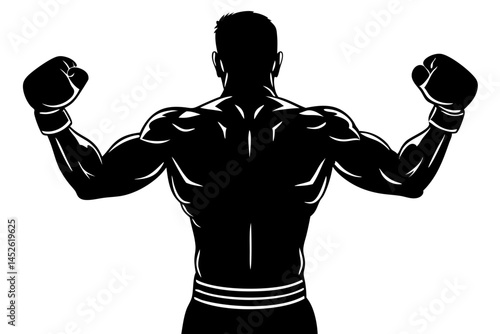 Single boxer silhouette design facing backwards with fists clenched on white, boxer, silhouette, boxing, sport, athlete, fighter, fighting, clenched fists, backwards, facing, training, gym, fitness