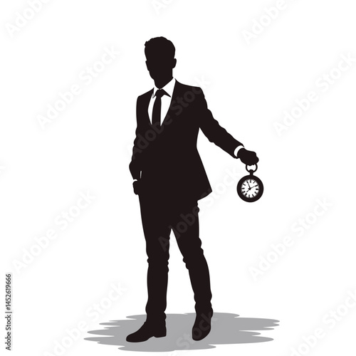 Businessman silhouette holding pocket watch, time management concept, for websites