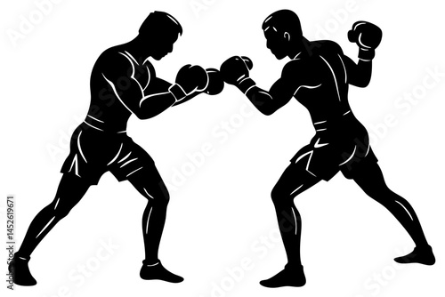 Silhouette illustration of two boxers facing each other in fighting stance, boxer, boxers, boxing, sport, athlete, silhouette, fighting stance, combat, competition, fight, match, fitness, exercise