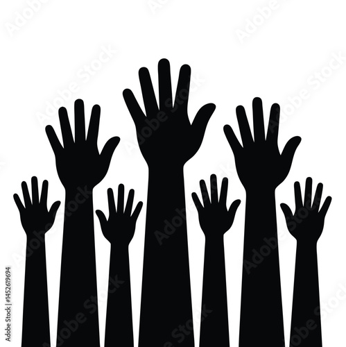 Raised hands black silhouettes, diversity, unity, participation, simple shapes, minimalist artwork, social movement, engagement, group collaboration.