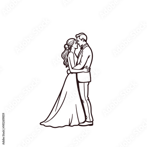 Couple embracing, wedding illustration, line art, monochrome, for invitations
