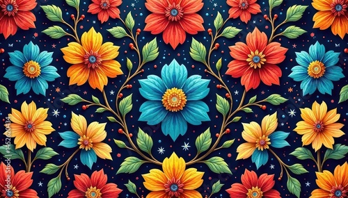 Intricate floral textile design, repeating motif, blossom, repeat, damask