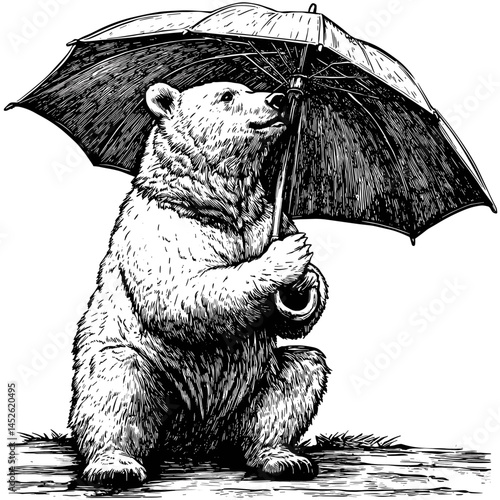 Vintage woodcut illustration of Polar Bear under Umbrella, old engraving sketch, hand drawn wildlife, retro bear drawing, forest animal art, antique style, rustic etching