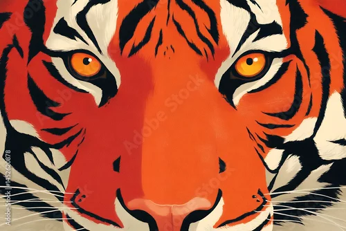 Fototapeta na wymiar Tiger Face Close-up with Orange Eyes and Black Stripes