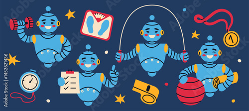 Set of funny cartoon personal trainer robot. Cute futuristic modern character. Technological progress concept. Flat vector illustration isolated on dark background.