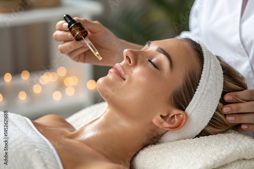 A relaxing facial treatment with essential oil being applied to a woman's face in a spa setting.