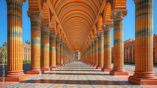 bright hallway with large orange columns and patterned floor