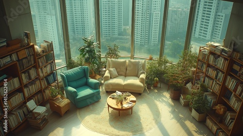 cozy modern reading area with bookshelves and city view