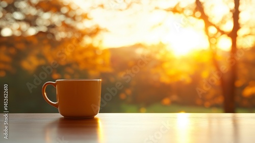 orange mug on table during golden hour morning sunlight