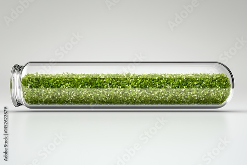 Green Seeds in a Glass Tube on Light Gray Background